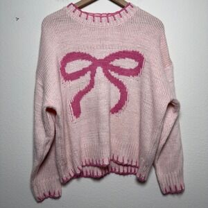Bailey Rose Women Coquette Sweater Small Pink Intarsia Bow Knit Oversize‎ Dainty